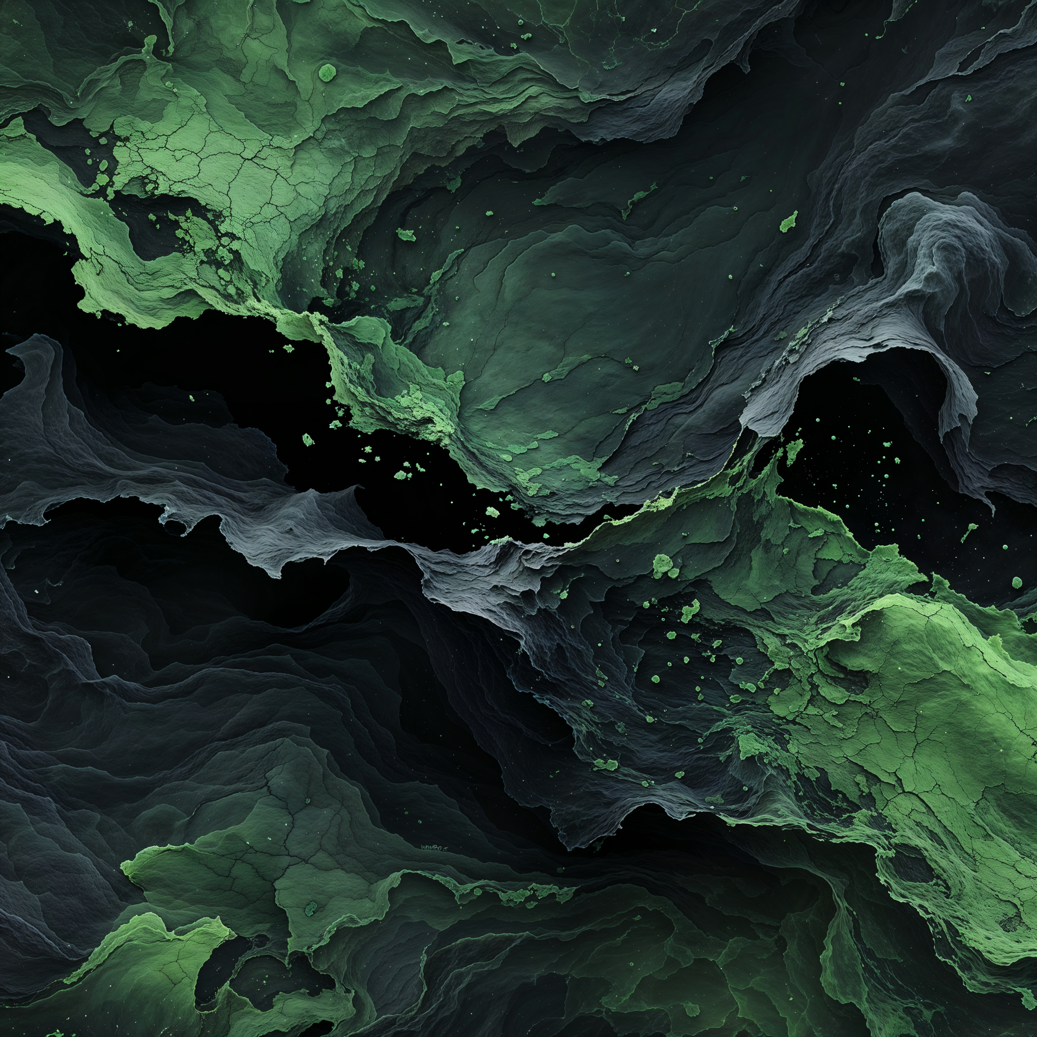 Abstract cold matter forming layered mineral-ice structures suspended in darkness, with subtle green energy traces and fragmented surfaces evoking frozen drift and silent motion.