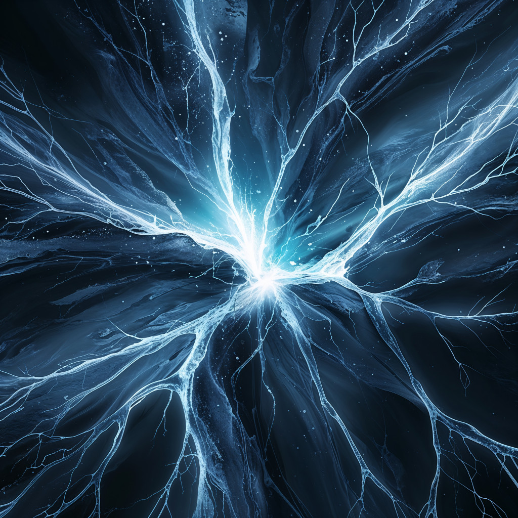 Frozen energy burst radiating from a bright central core with organic ice-like filaments expanding outward in a dark abstract field.